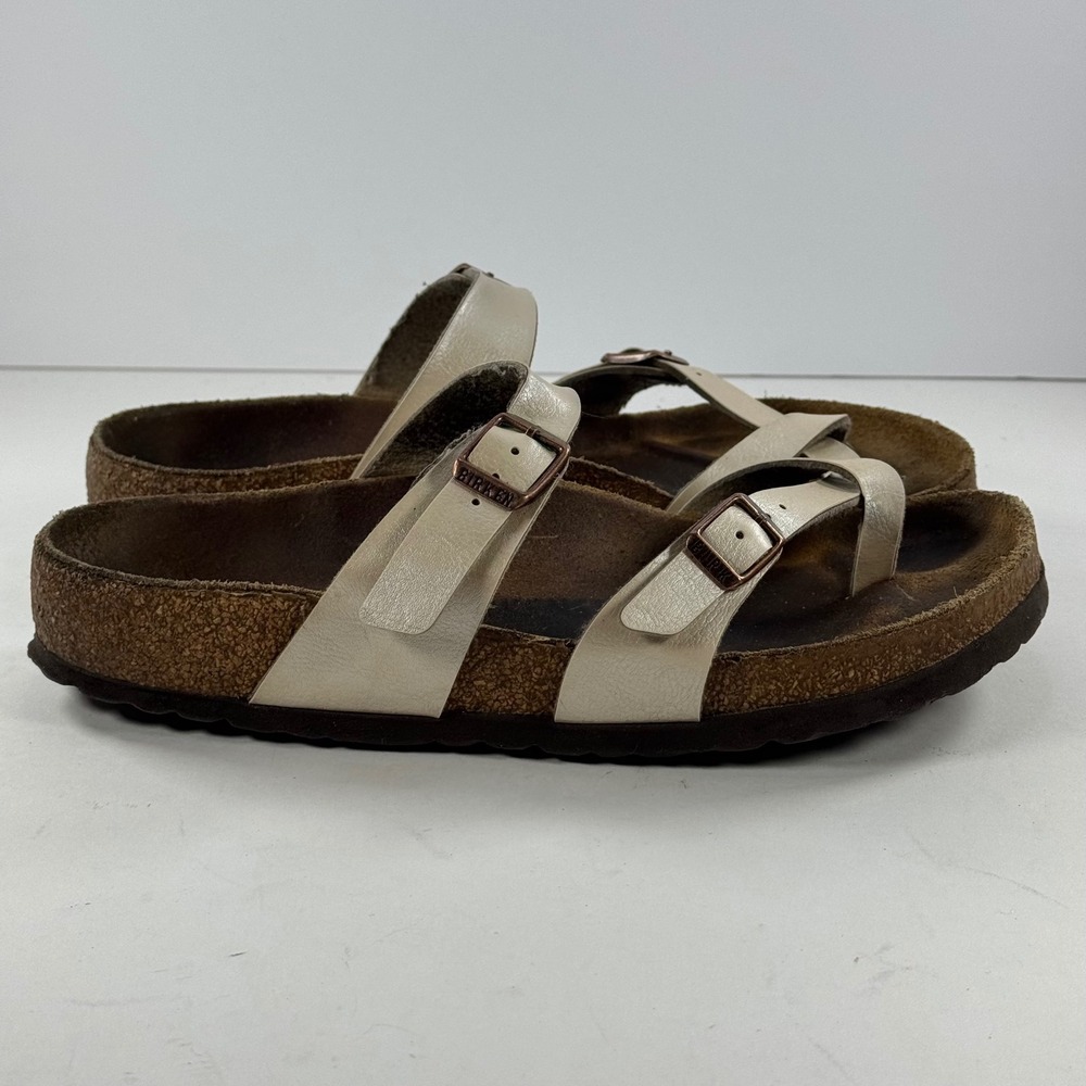 Birkenstock Gizeh Metallic White Leather Strap Thong Sandals Women's Size 38